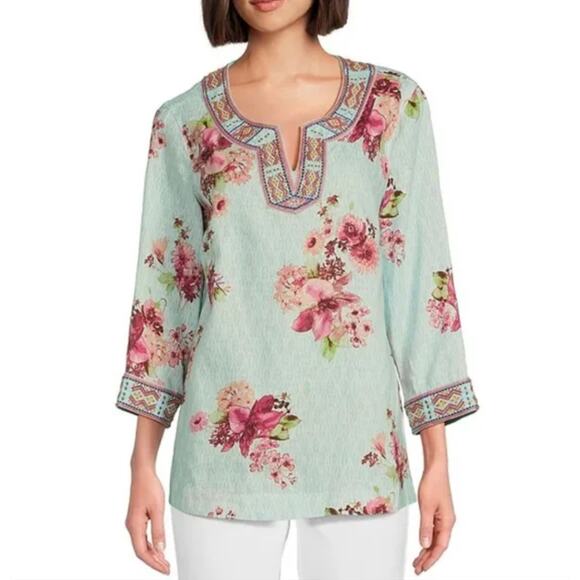 John Mark 1X blue Linen Floral Print Embroidered Beaded Split V-Neck Tunic new - Picture 1 of 7